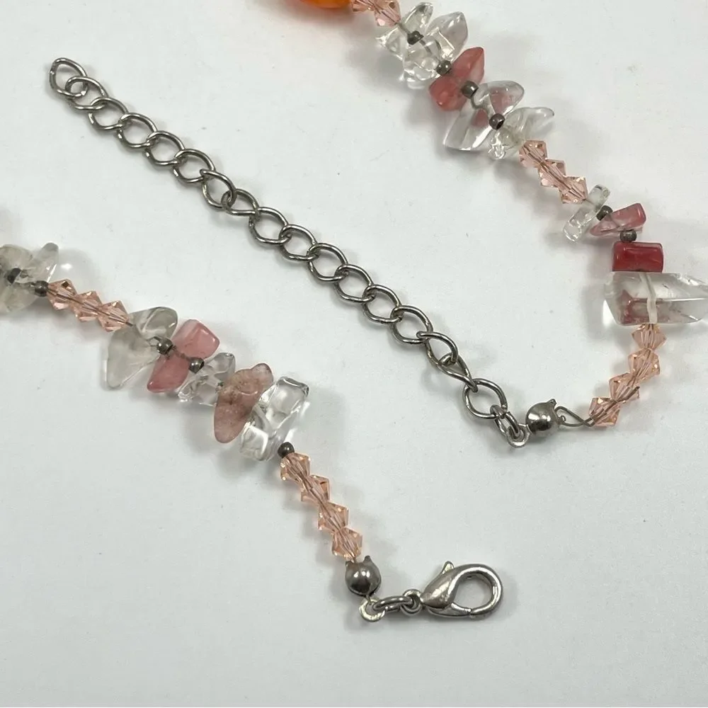 Beautiful Necklace Rose Cherry Clear Quartz Nugget Orange Glass Beaded Statement